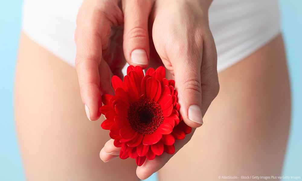 Frau in Unterwäsche hält vor ihrer Hüfte eine rote Blume in beiden Händen